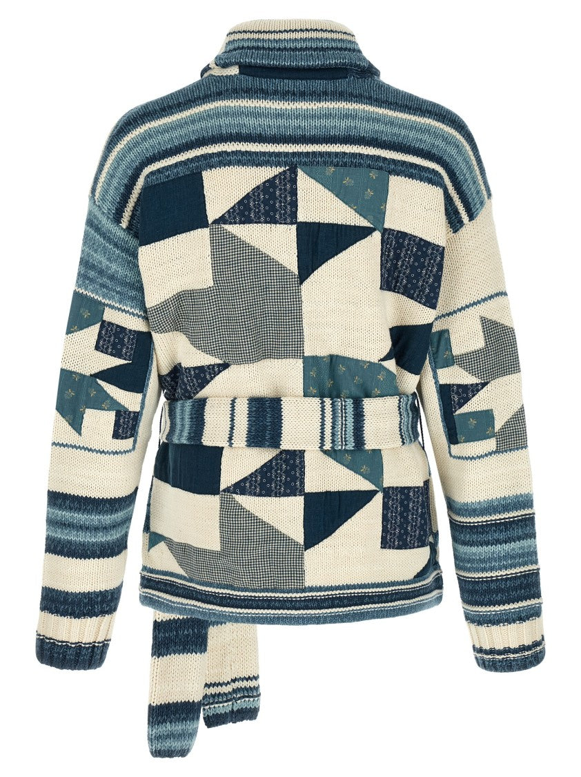Polo Ralph Lauren Patchwork Knitted Cardigan With Shawl Collar And Removable Belt