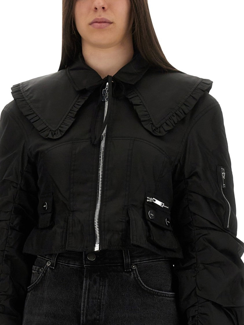 Ganni Cropped Fitted Jacket With Oversized Ruffled Collar