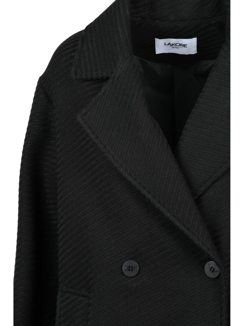 Lakore Black Double-Breasted Wool-Blend Coat