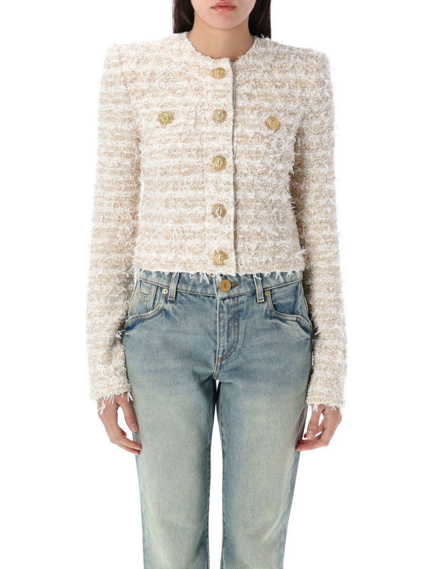 Balmain Cropped White Gold Tweed Jacket