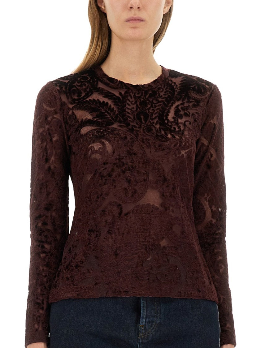 Etro Textured Velvet Long-Sleeve Top With Floral Patterns