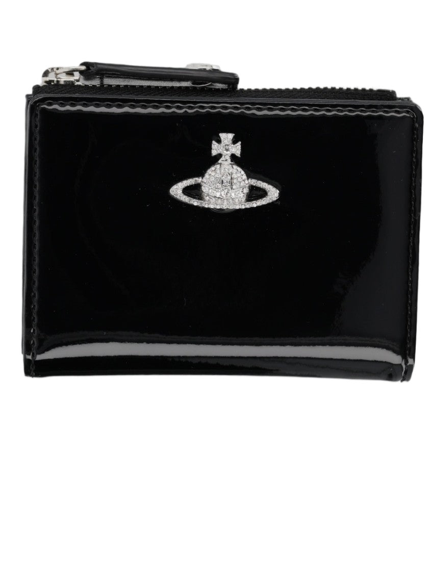 Vivienne Westwood Glossy Black Rectangular Wallet With Silver Emblem