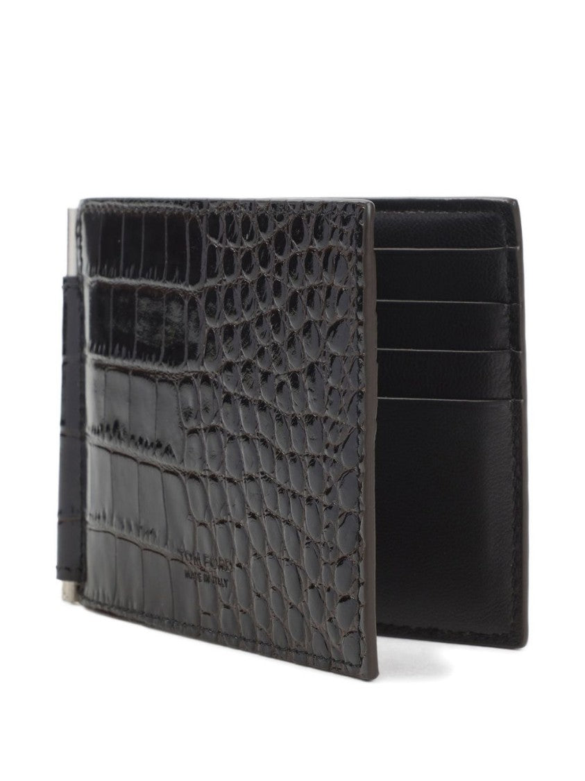 Tom Ford Crocodile-Print Leather Bi-Fold Wallet With Tone-On-Tone Logo