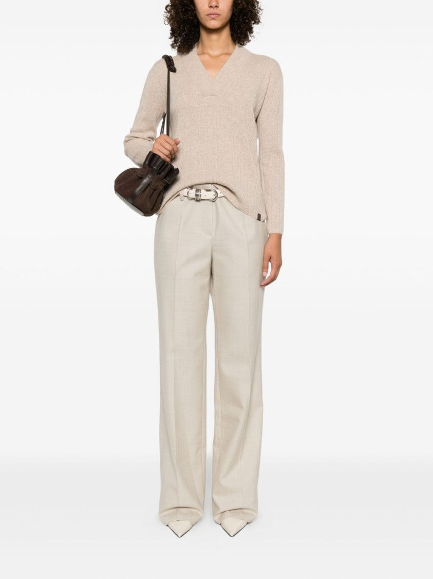 Max Mara Ribbed Beige Sweater With V-Neck And Long Sleeves