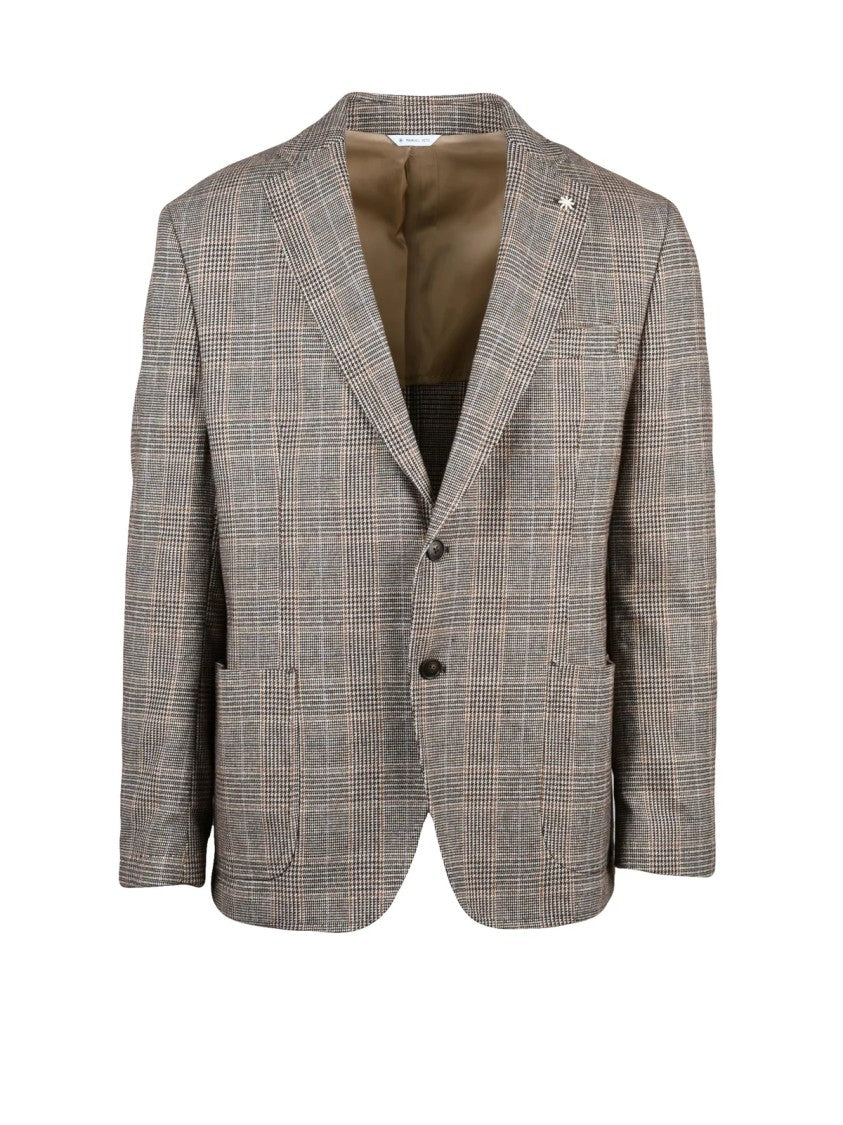 Manuel Ritz Brown Checkered Unlined Cotton-Blend Jacket