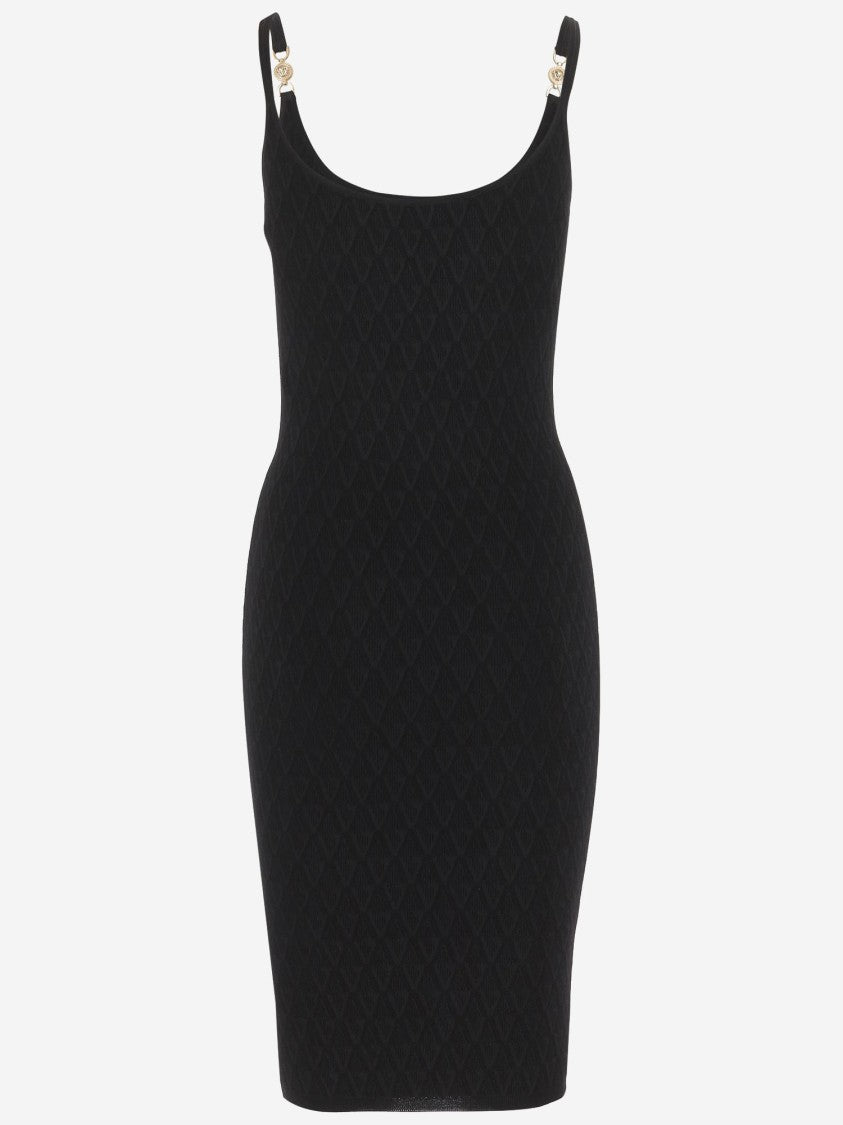 Versace Stretch V-Textured Knit Dress With Medusa Brooch Detail