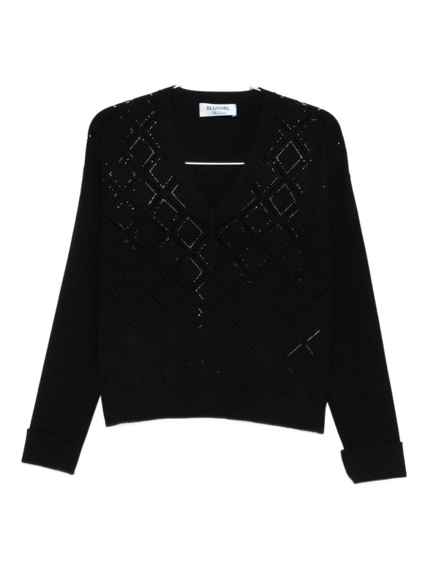Blugirl Diamond Open Knit V-Neck Black Sweater