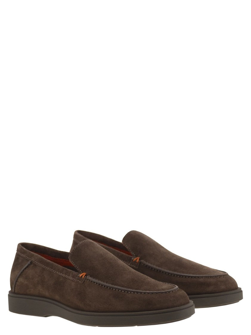 Santoni Brown Suede Loafers With Orange Thread Accents