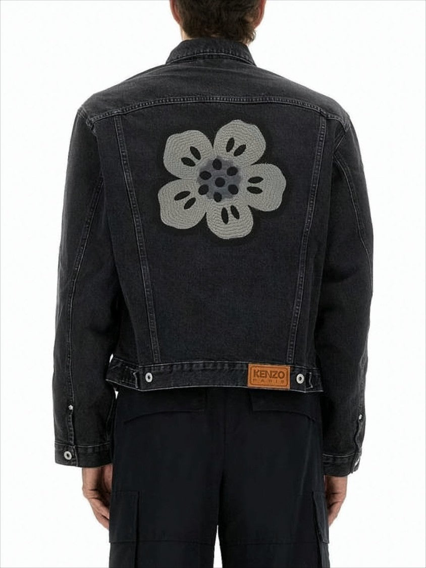 Kenzo Black Denim Jacket With Silver-Tone Hardware And Floral Embroidery