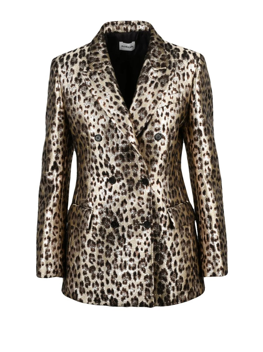 P.A.R.O.S.H. Metallic Lamé Double-Breasted Jacket With Leopard Print Design