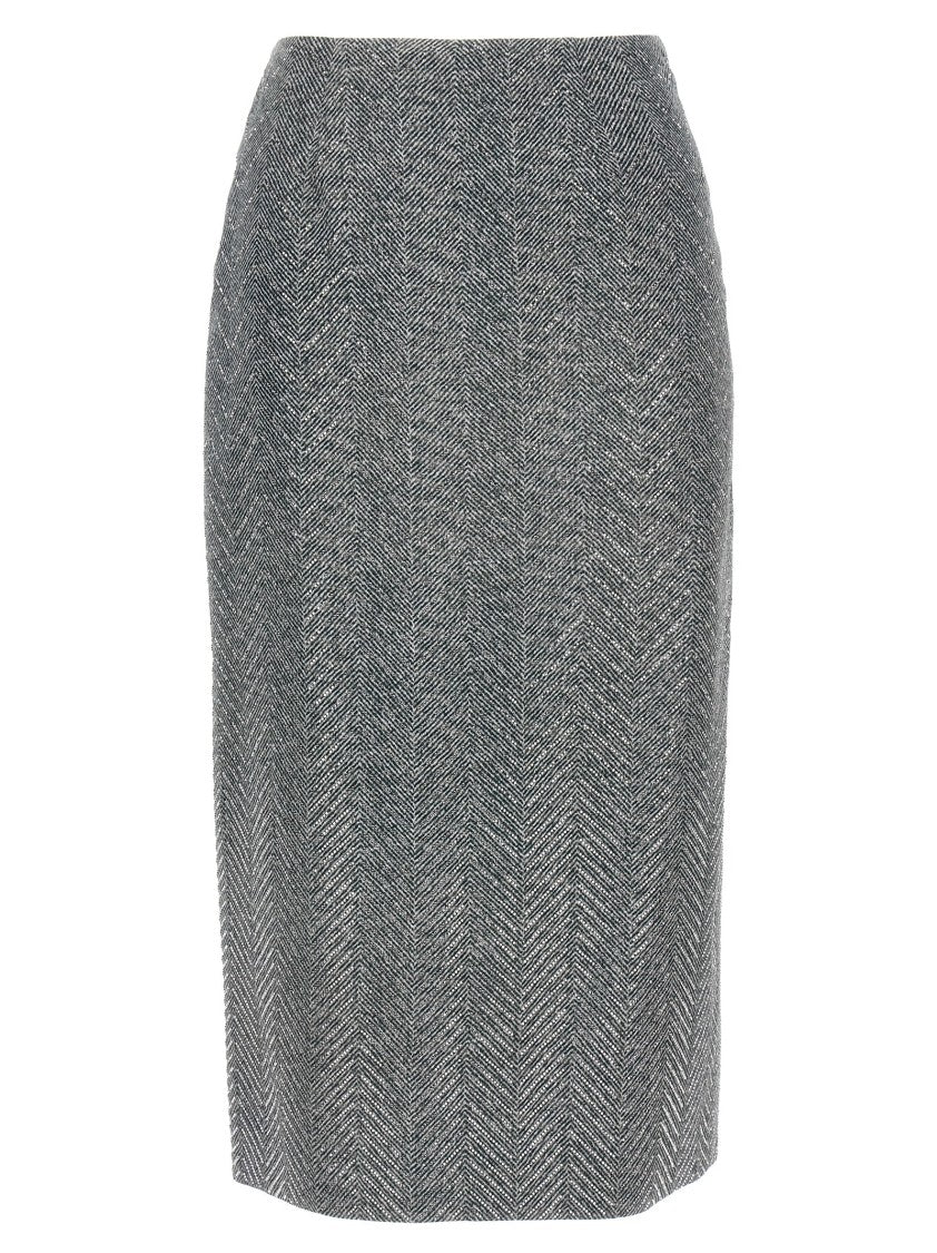 Ermanno Scervino Rhinestone-Embellished Herringbone Silk Midi Skirt