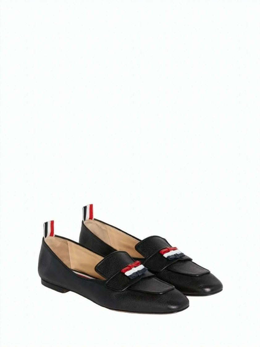 Thom Browne Pointed Toe Calf Leather Flat Shoes With Tricolor Ribbon Detail