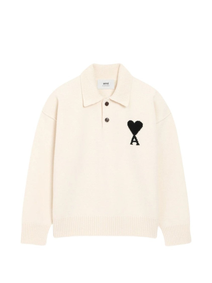 Ami Paris Creamy Off-White Knit Sweater With Classic Polo Collar