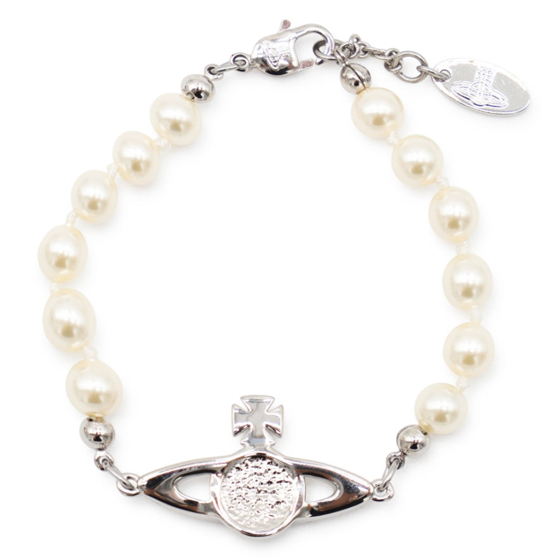 Vivienne Westwood Platinum Pearl Bracelet With Crystal Logo And Hook Fastening