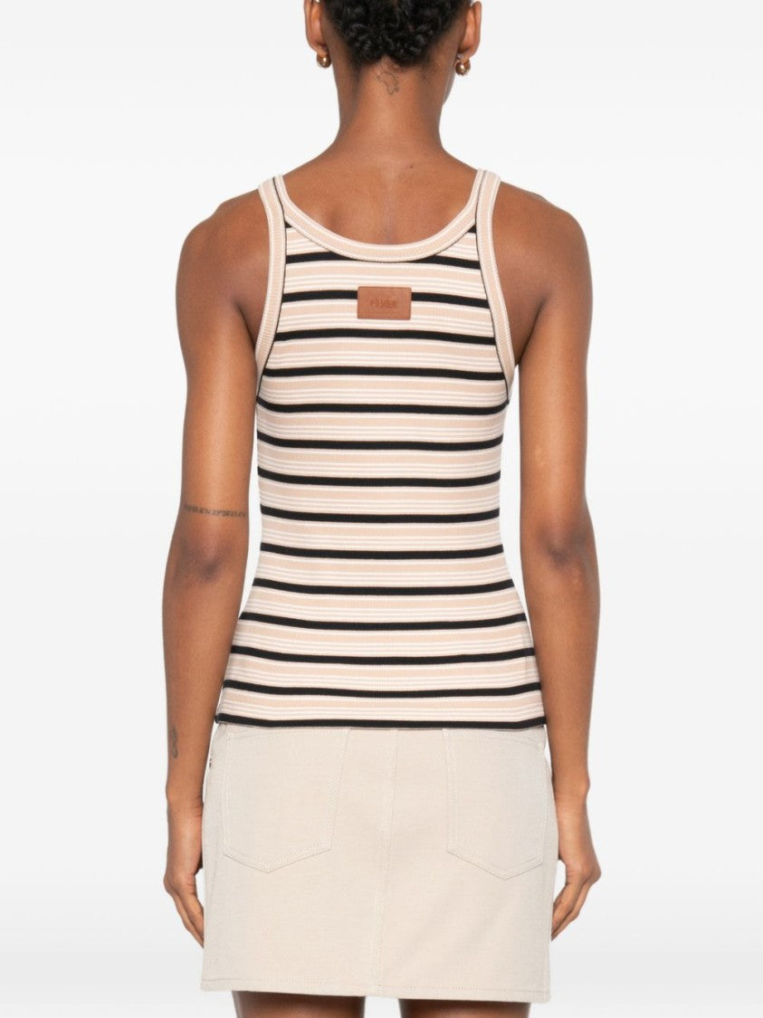 Fendi Ribbed Horizontal Stripes Leather Detail Tank Top