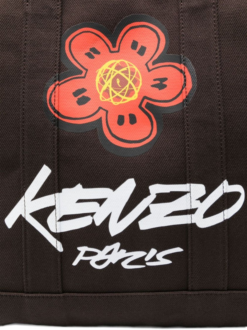 Kenzo Dark Brown Floral Print Canvas Tote