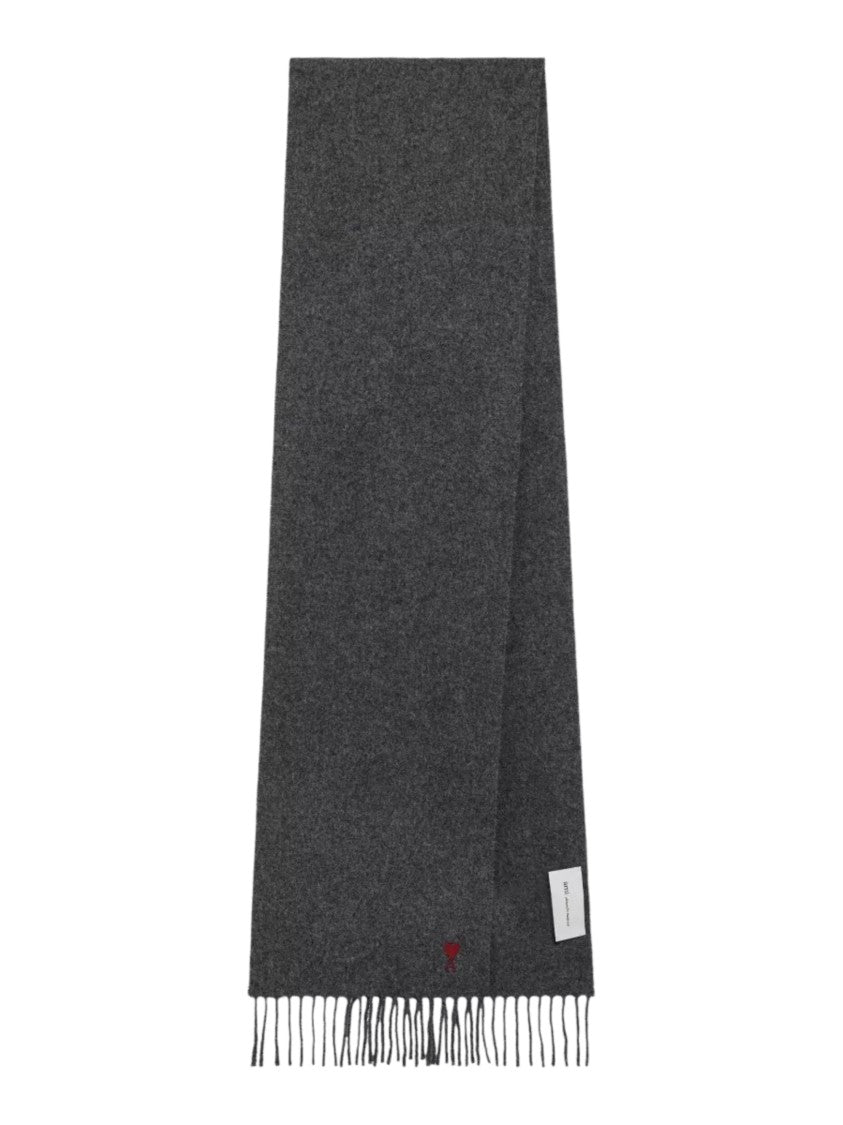 Ami Paris Dark Grey Ami De Coeur Fringed Wool Scarf