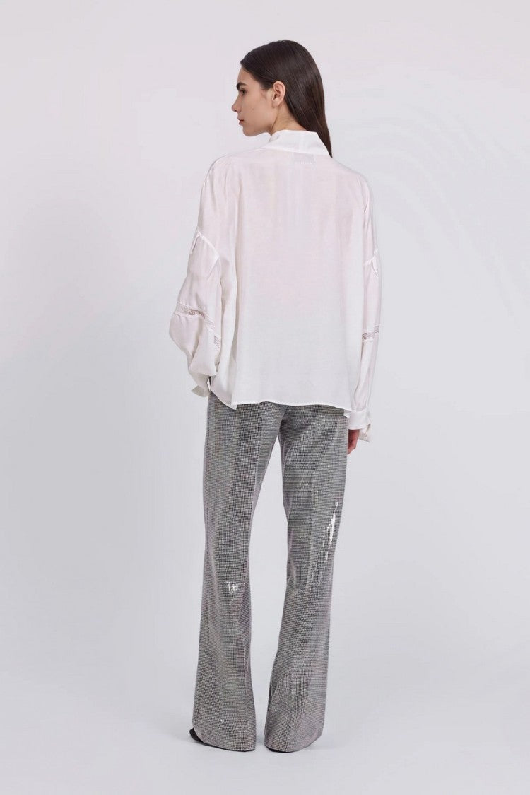 Ermanno White Neck Tie Lace Insert Acetate-Blend Blouse