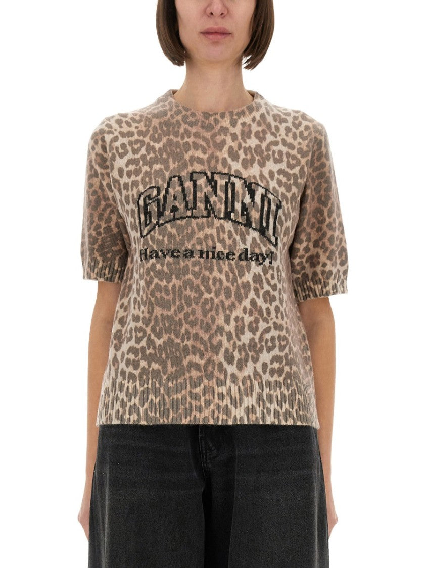 Ganni Leopard Print Ribbed Wool T-Shirt