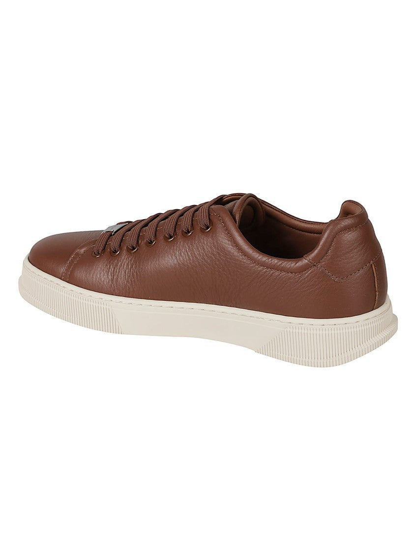 Ferragamo Brown Smooth Calf Leather Low-Top Sneakers With Minimalist Design