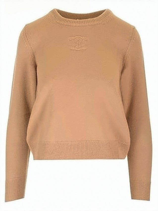 Celine Cropped Brown Cashmere Sweater With Embossed Logo