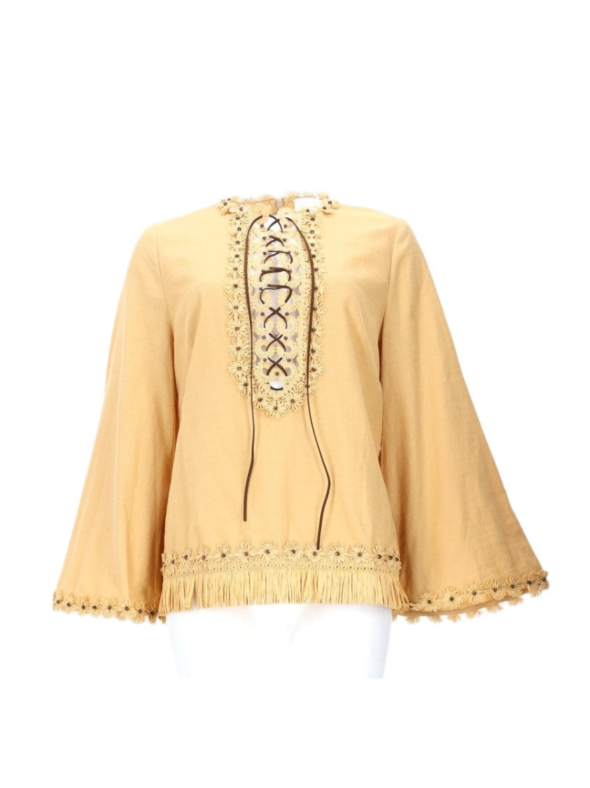 Zimmermann Fringe-Trimmed Blouse With Lace-Up Detail And Flared Sleeves