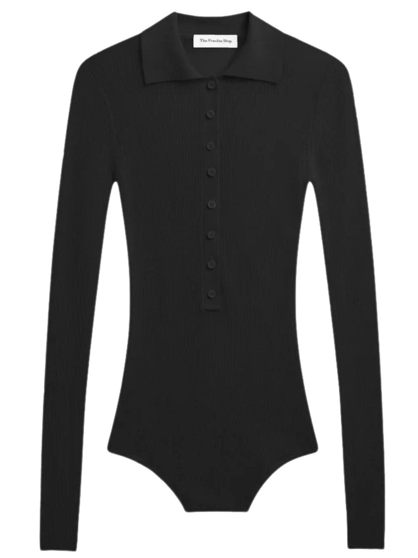 The Frankie Shop Black Polo Collar Wool-Silk Bodysuit