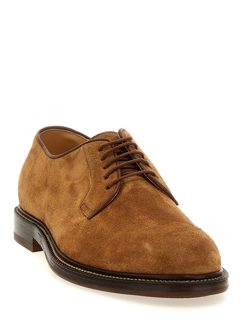 Brunello Cucinelli Brown Suede Derby Shoes With Lace-Up Design And Durable Sole
