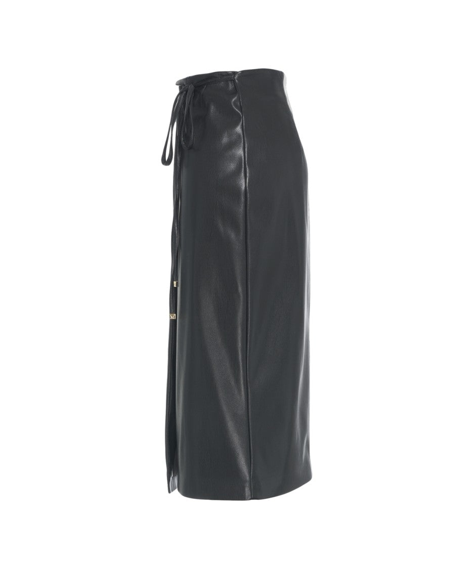 Guess By Marciano Black Vegan Leather Midi Wrap Skirt With Side Bow Detail