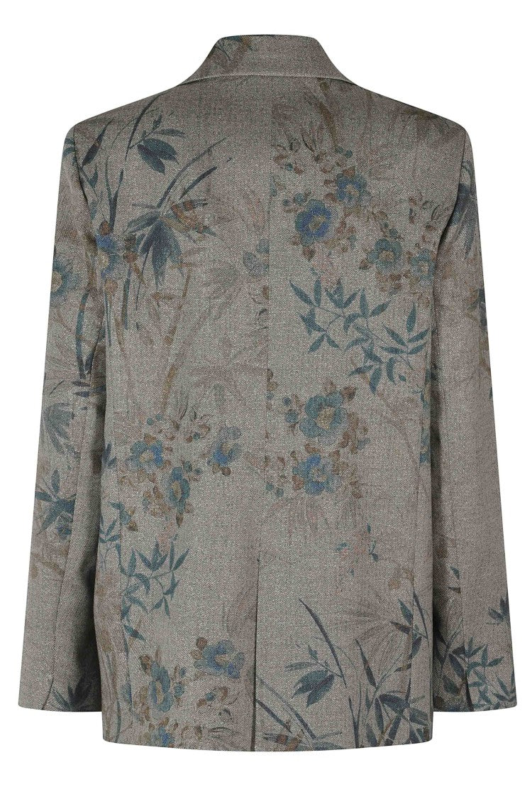 Forte Forte Gray Blue Yellow Chevron Floral Leaf Print Polyester-Blend Blazer