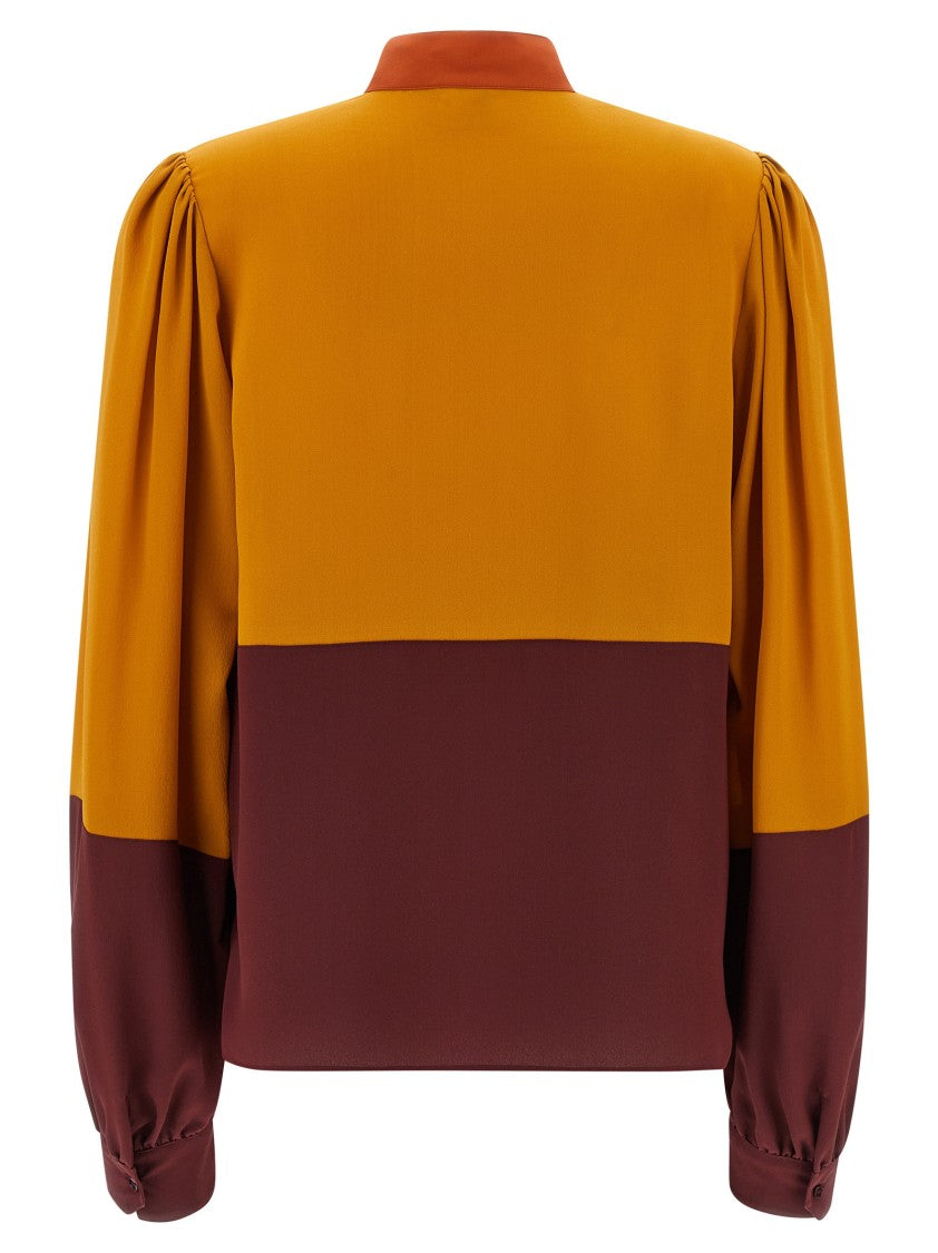 Saint Laurent High Neck Color-Block Silk Blouse With Curled Shoulders