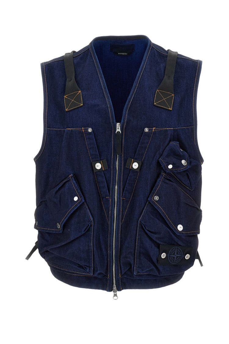 Stone Island Denim Utility Vest With Dual Zipper