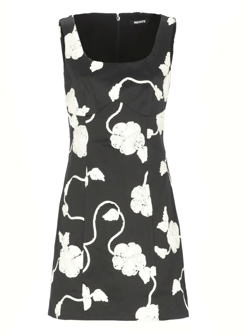 Rotate Fitted Black 3D Floral Mini Dress With Crew Neck