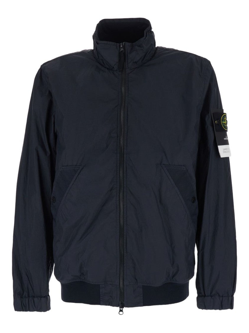 Stone Island Technical Crinkle-Finish Navy Jacket With Signature Patch