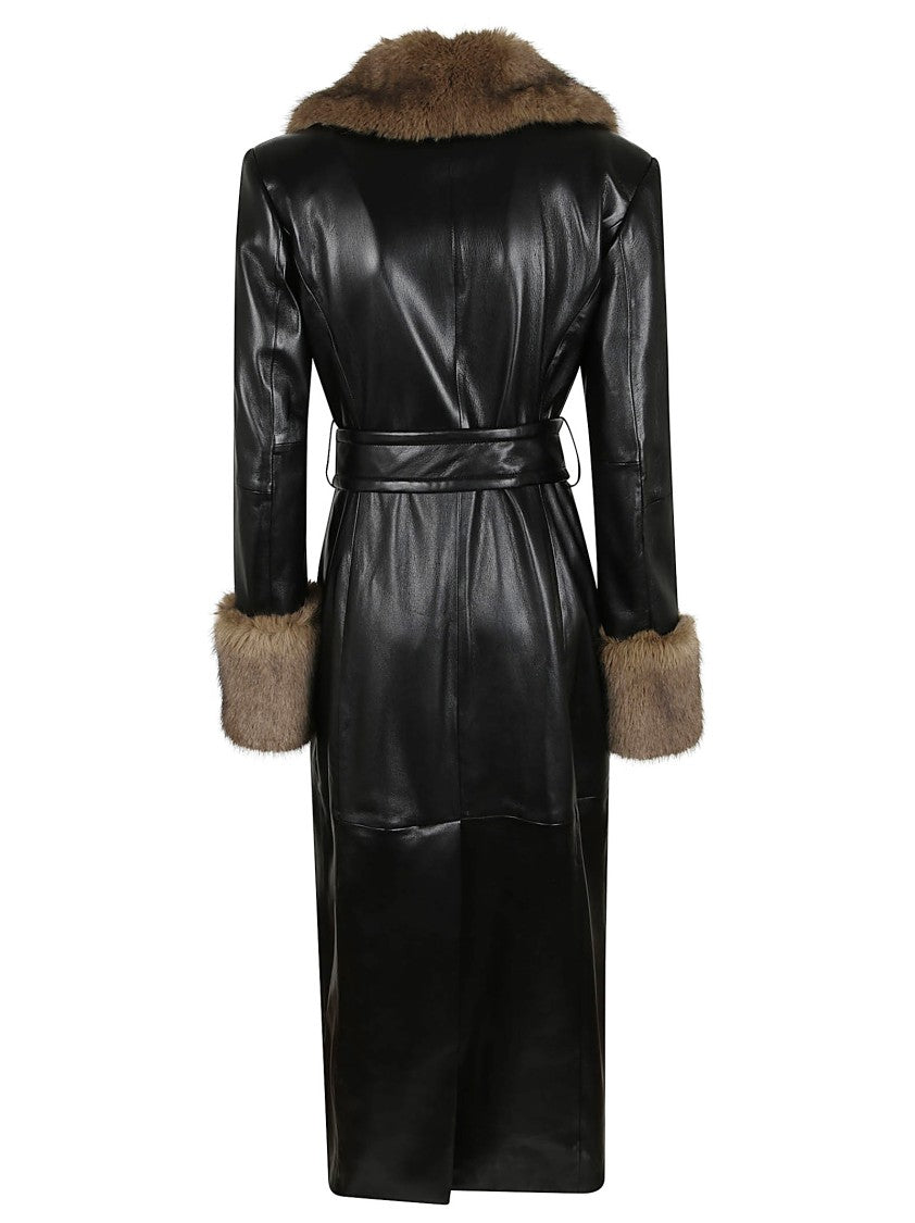 Stand Studio Black Leather-Like Coat With Plush Fur Collar And Belted Waist