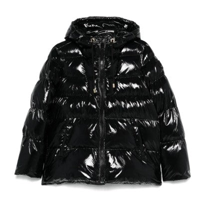 Pinko Oversized Black Puffy Coat With Glossy Finish And Hood