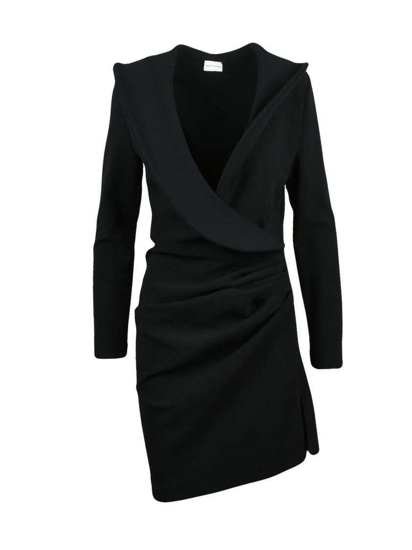 Magda Butrym Black Sculptural Draped Stretch Wool Midi Dress
