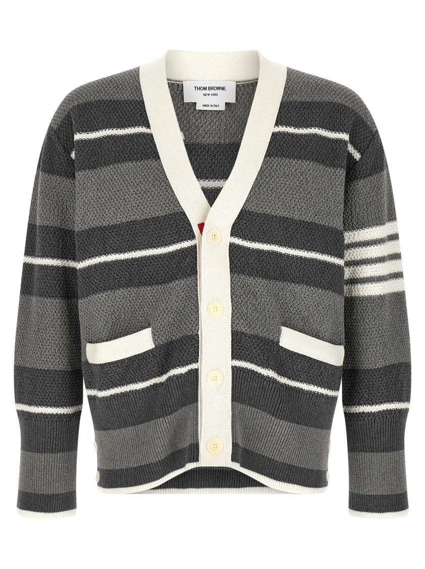 Thom Browne Heavy Cotton Striped Cardigan With Grosgrain Ribbon Plackets