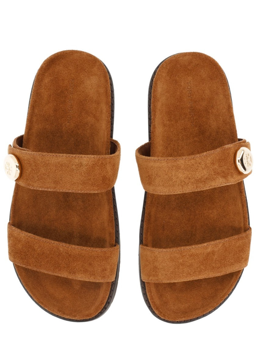 Tory Burch Brown Romy Wide Suede Slide Sandals