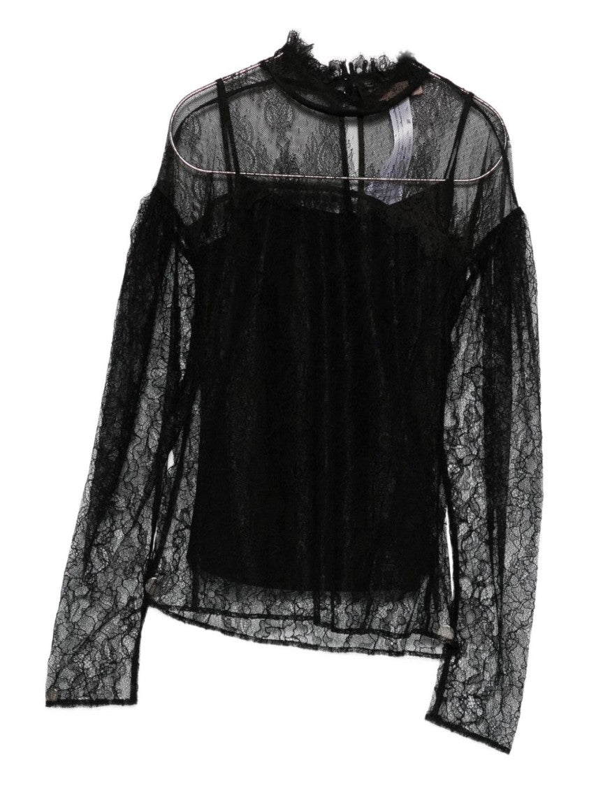 Twin-Set Long-Sleeved Black Lace Overlay Top