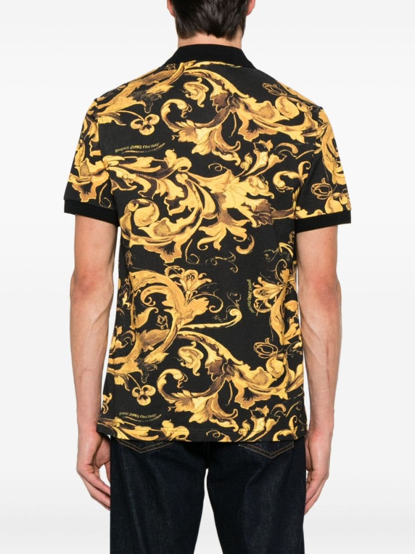 Versace Jeans Couture Baroque-Inspired Black And Gold Polo Shirt