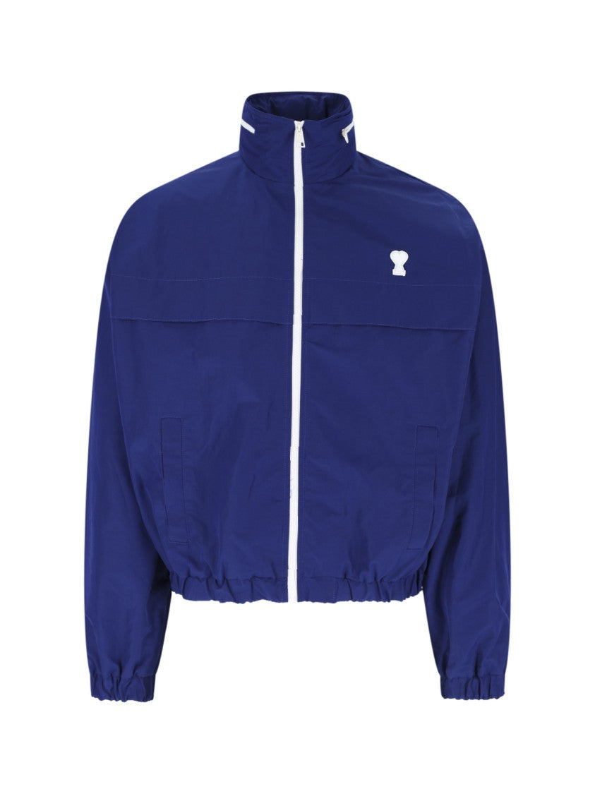 Ami Paris Blue Detachable-Hood Logo Embroidery Cotton-Blend Jacket
