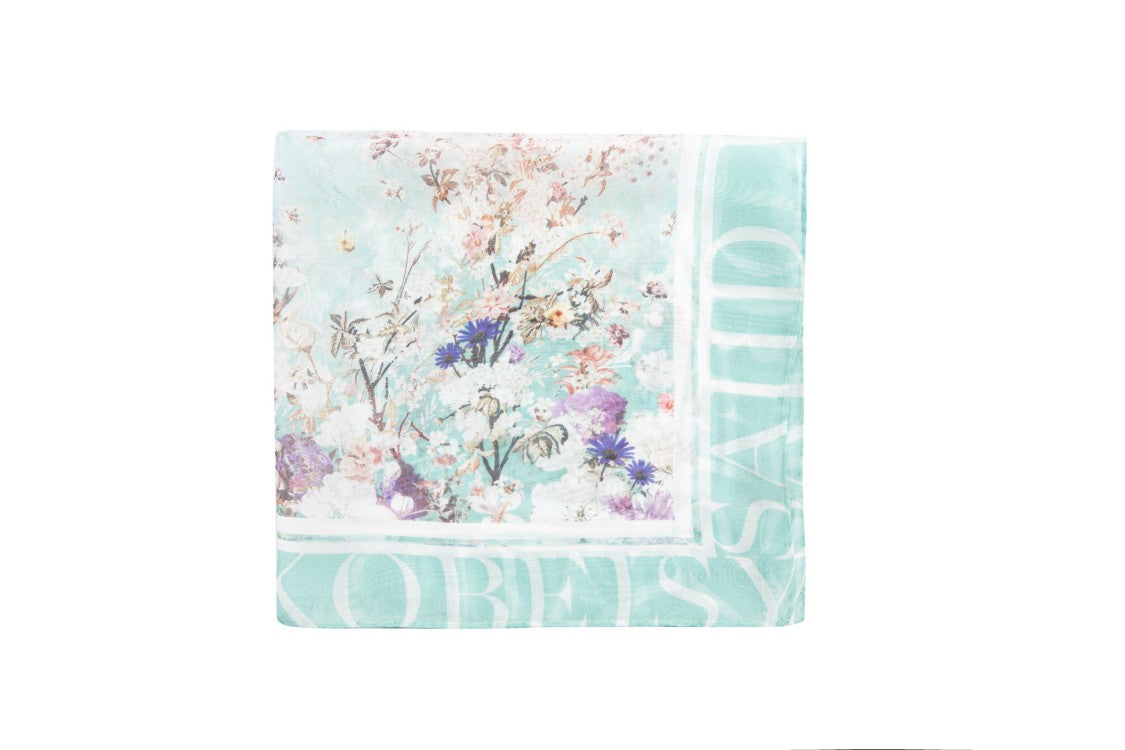 Saiid Kobeisy Tropical Flower Print Aqua Sky Chiffon Silk Scarf