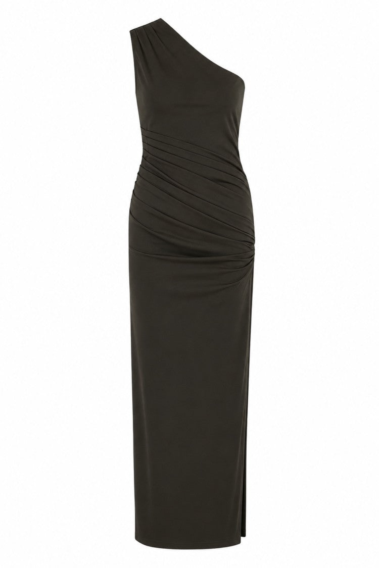 Rotate Olive Green Draped One-Shoulder Side Slit Evening Dress