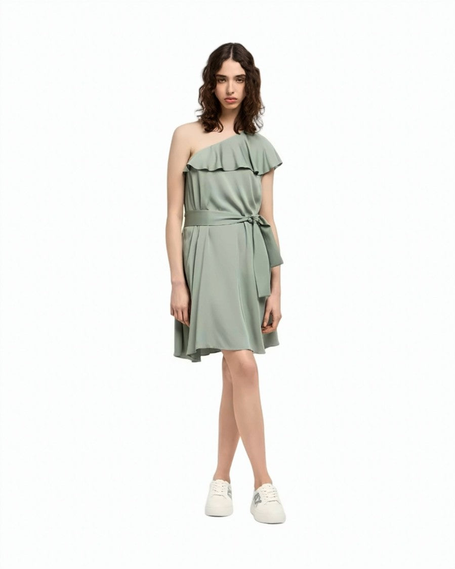 Armani Exchange Ruffled Neckline Bow Belted One-Shoulder Mini Dress