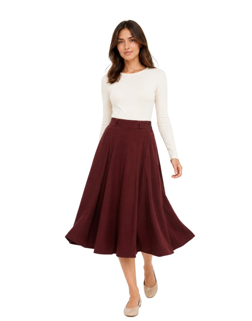 Pomandère Burgundy High-Waist Pleated Cotton-Wool Midi Skirt
