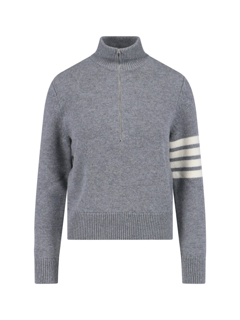 Thom Browne Grey Wool Zip Sweater 4-Bar Detail