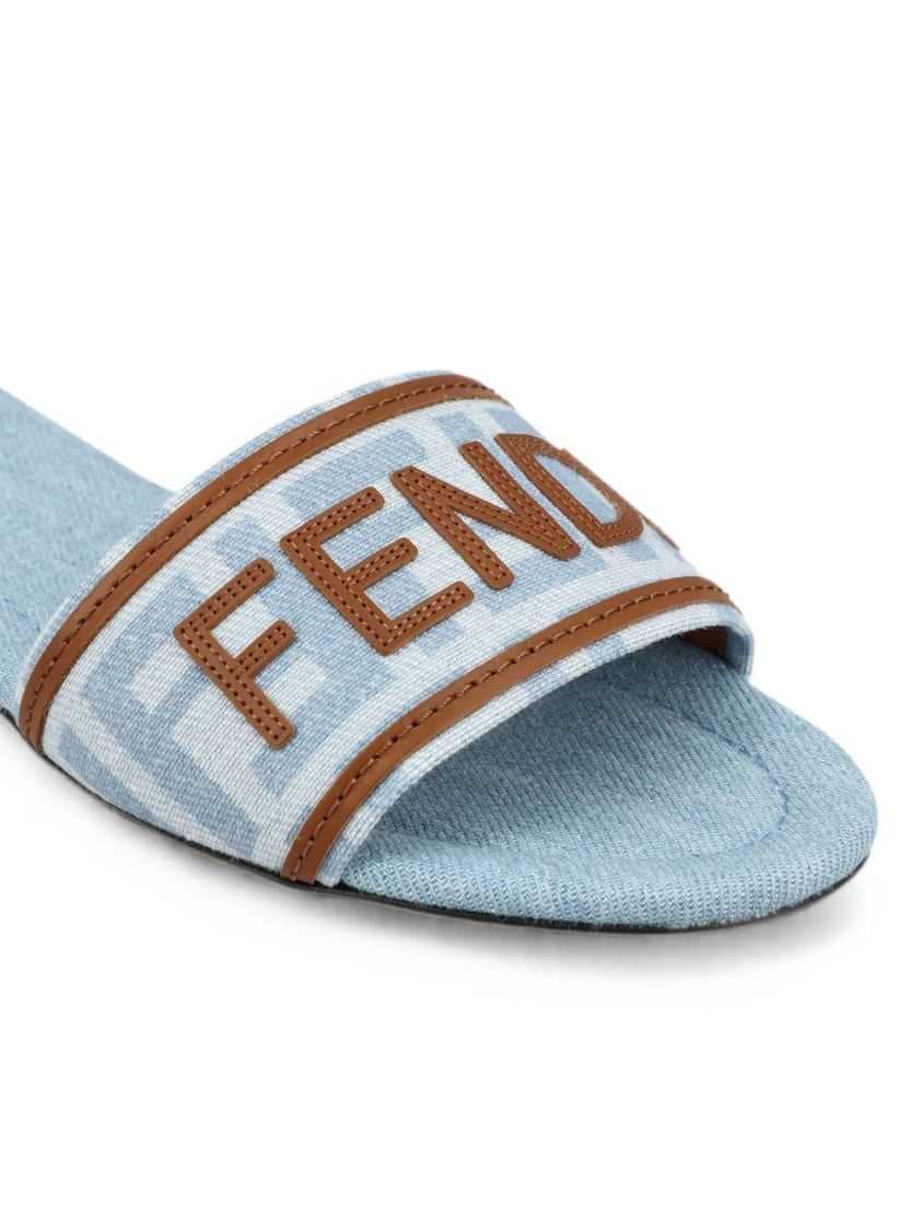 Fendi Light Blue Fabric Leather Trim Flats