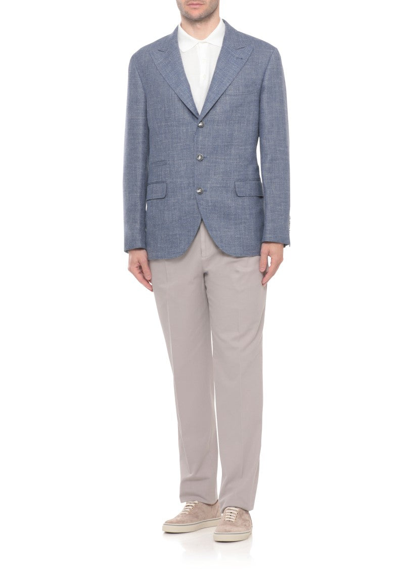 Brunello Cucinelli Blue Wool Linen Peak Lapel Blazer