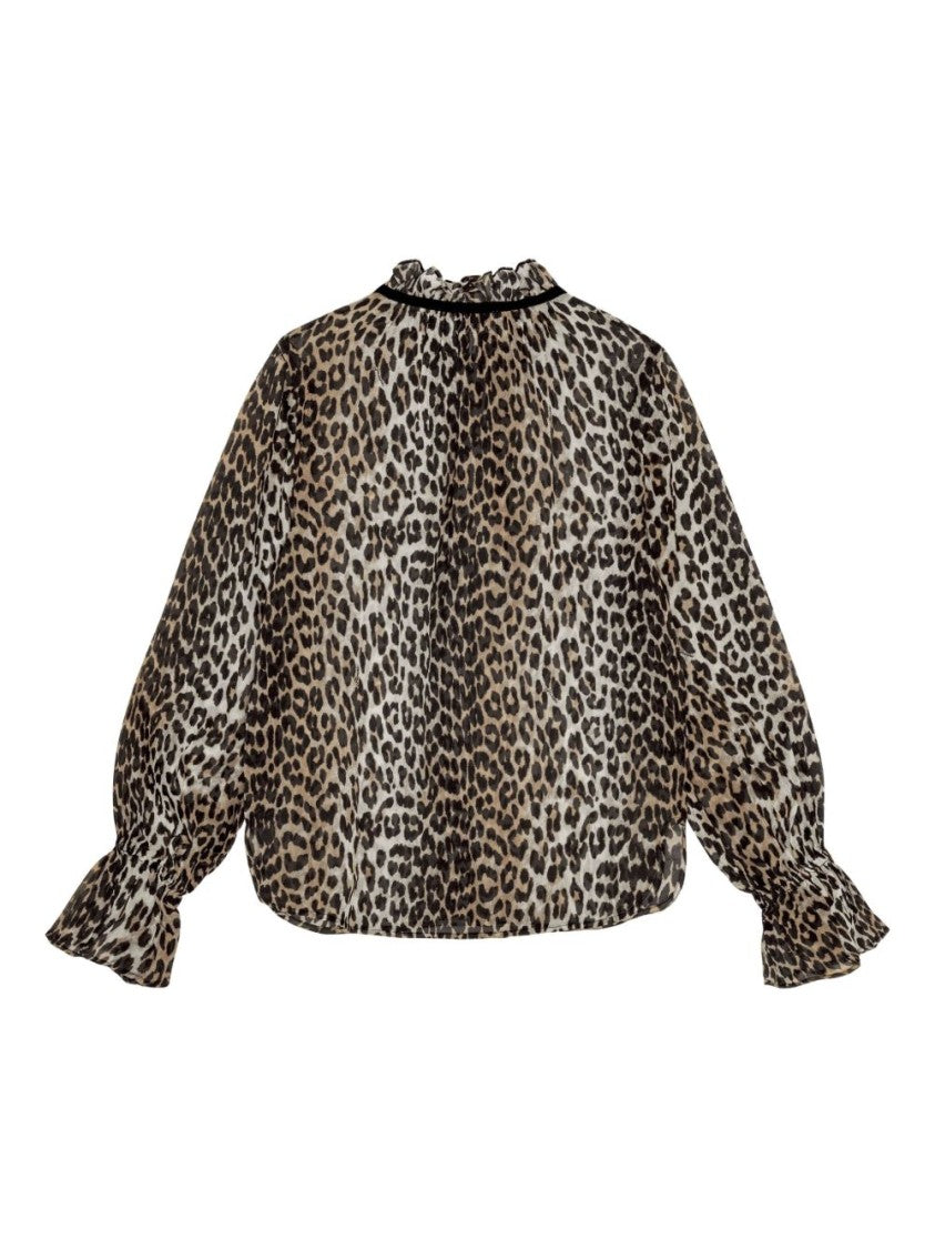 Ganni Leopard Print Semi-Sheer Blouse With Ruffled Neckline